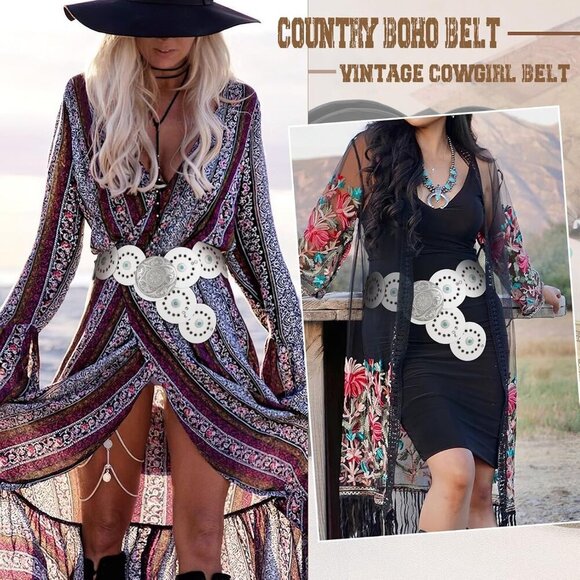 Woman\'s Western PU Leather Belts Concho Disc Wide Waist Belt White Silver Buckle